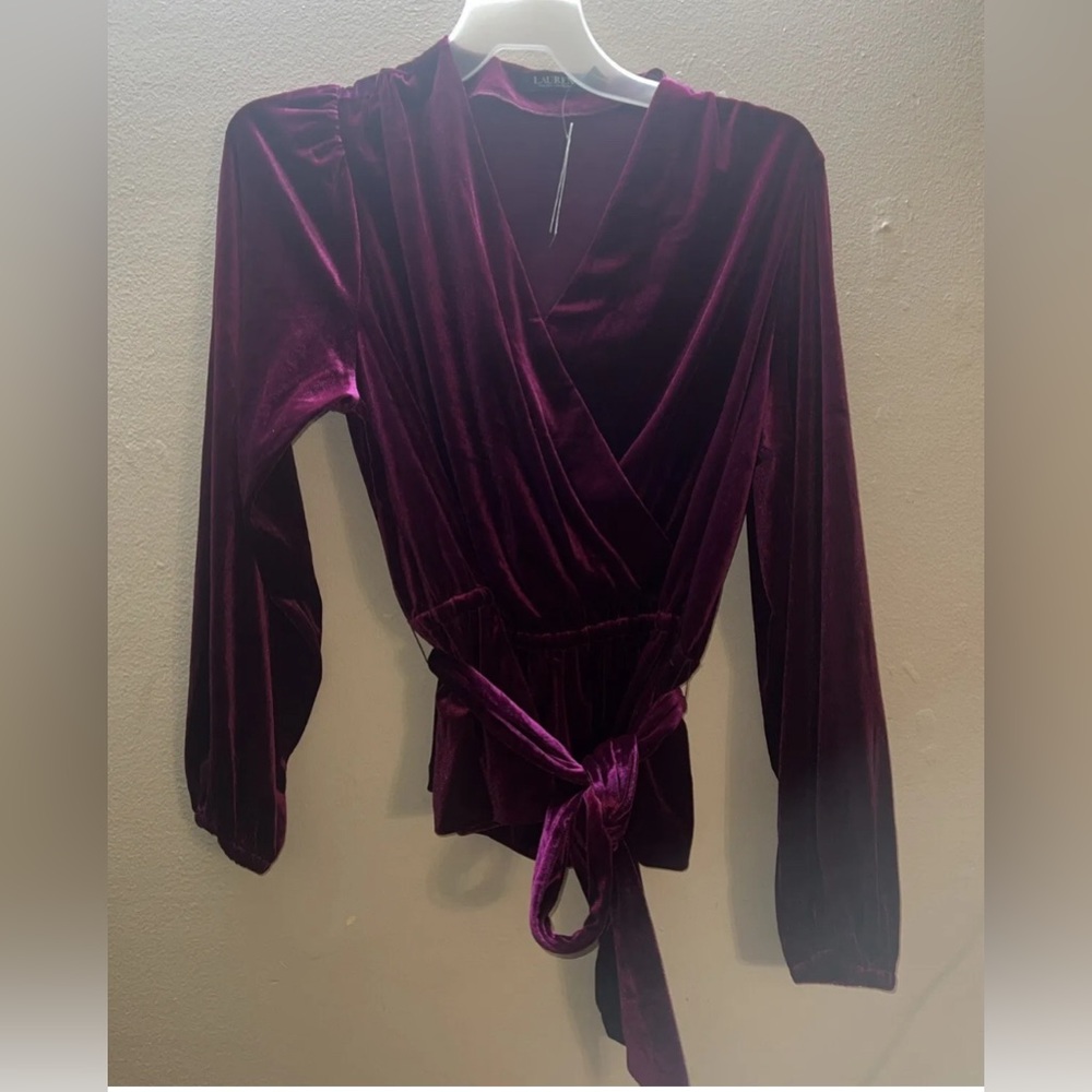 NWT Lauren Ralph Lauren Velvet Top Faux Wrap Size XL Long Sleeve Wine Color